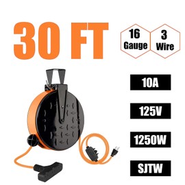 Ultra Explorer 30 Ft Retractable Extension Cord Reel, 16/3 SJTW Power Cord Reel with 3 Muliti Outlets, 10A Circuit Breaker, Wall or Ceiling Mountable for Workshop, UL Listed, Orange