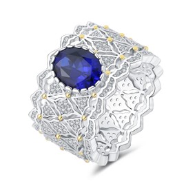 JewelryPalace Vintage Lace Bead Hollow 2.4ct Oval Cut Created Blue Sapphire Solitaire Engagement Rings for Women, 14k White Yellow Gold Plated 925 Sterling Silver Rings for Her, Gemstone Jewelry Gift5