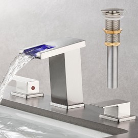 AVSIILE LED Bathroom Faucet 3 Hole, Brushed Nickel Waterfall Bathroom Faucets, 8 Inch Widespread Modern Bathroom Sink Faucet & Parts, Wide Spread Touch On Three Hole 2 Handle Bathroom Vanity Faucet