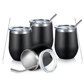 COMOOO 12oz Stainless Steel Wine Tumbler with Lid and Straw, Double Wall Vacuum Insulated Wine Tumbler Cup for Hot and Cold Drinks, Wine, Coffee, Champaign, Black, 4 Pack