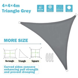 Sunal Triangular sun sail, 4 x 4 x 4 m, PES polyester waterproof, including mounting ropes, for sun protection on balconies, gardens and terraces, grey