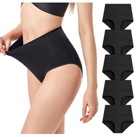 Lashapear Womens High Waist Underwear Solid Color Tummy Control Cotton Brief Panties 5 Pack, Black, XX-Large