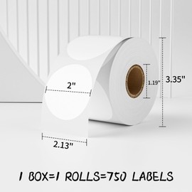 MFLABEL 2" 750 Labels White Circle Direct Thermal Stickers Labels Roll Compatible with Zebra, Rollo, MUNBYN, Self-Adhesive Round Direct Thermal Labels