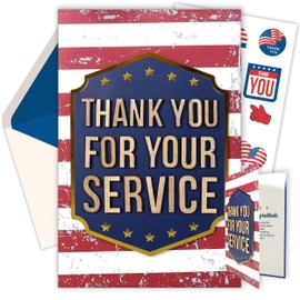Decorably Gold-Foiled Individual Thank You for Your Service Card with Wooden Letters on Die-Cut Badge, 5x7in Veteran Thank You Cards Set with Envelope & Stickers, Veteran Card with Printed Message