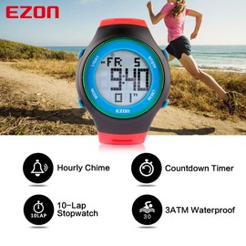 EZON L008B11 Men's Casual Digital Sport Watches with 3ATM Waterproof/Alarm/Stopwatch/Countdown Timer/ 50 Years Calendar (Red)