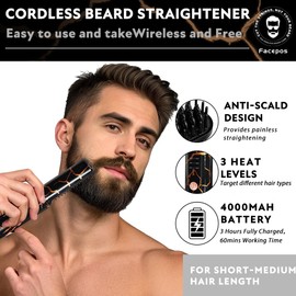 Wireless Electric Heated Beard Straightener Set, Portable Cordless Hair Straightener for Men, Elegant Crackle Pattern Design and Bonus Beard Brush & Wooden Comb for Perfect Grooming