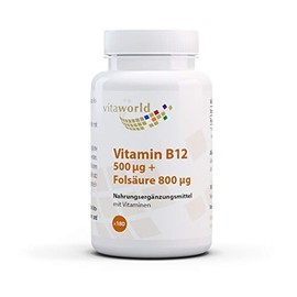 Pack of 3 Vita World Vitamin B12 500 µg + Folic Acid 800 µg 3 x 180 Tablets Vegan/Vegetarian Made in Germany