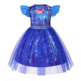 AmzBarley Girls Descendants Costume Kids Evie Dressing up Fancy Dress Childs Short Sleeve Pretend Play Outfits Birthday Party Gifts Blue Age 3-4 Years 110