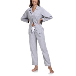 COLORFULLEAF Women's 100% Cotton Long Sleeve Pajama Sets Button Down Notched Collar Sleepwear Soft Lounge Pjs with Pockets, Grey, Large