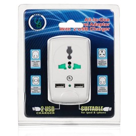 Yubi Power Universal World Wide Travel Plug Adapter/Charger with Universal Input Outlet and Dual USB Ports - Multi Worlwide Plug-in Foldable Prongs - White