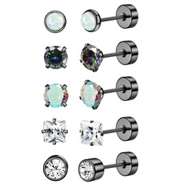 Jstyle Surgical Steel Earrings for Women Men Hypoallergenic Stud Earrings for Sensitive Ears Flat Back Earrings Stud 20G Stainless Steel Cartilage Earring Opal Small Flatback Stud Earrings Black Tone