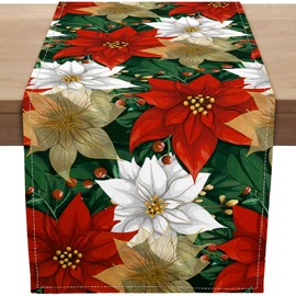 PROCIDA Christmas Poinsettia Table Runner 108 Inch Long Winter Xmas Burlap Table Runners Seasonal Holiday Farmhouse Kitchen Dinning Decoration for Indoor Outdoor Home Party