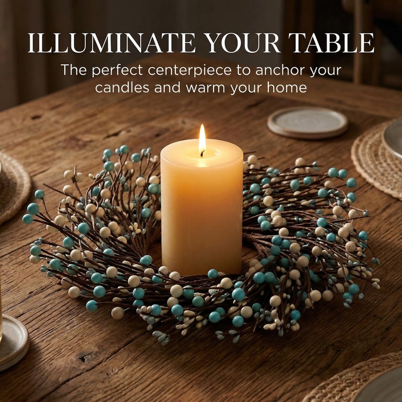 Quixem 15 Inch Rustic Teal Cream Pip Berry Candle Ring