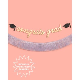 xo, Fetti Congrats Grad Fringe Banner - Gold Foil & Silver Iridescent, 5.5 Ft. | Graduation Cap Decoration, College Ceremony Sign, High School Party Photoshoot Backdrop