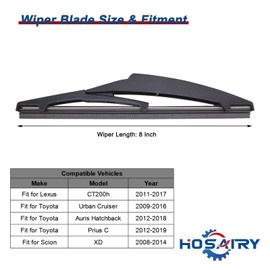 HOSAIRY Rear Windshield Wiper Blade for Lexus CT200h 2011-2017, for Scion XD 2008-2014, for Toyota Prius C 2012-2019 Rear Wiper Blade, 8 inch (Pack of 2)