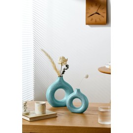 Gold with Texture Donut Hollow Ceramic Vase, Handmade Minimalist Boho ins Style, Modern Vase for Home Decor for Wedding Dinner Table Party Living Room Office Bedroom (Blue-Gold, Exra Large)