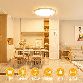 OUILA LED Ceiling Light Flat Round - Diameter 22 cm Ceiling Light LED 18 W 1600 LM 3000 K Warm White IP44 Waterproof Bathroom Lamp Ceiling for Bathroom Kitchen Hallway Bedroom Cellar