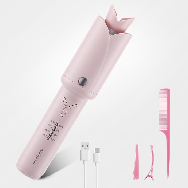 AraSyleon Cordless Curling Iron Automatic Hair Curler Rotating, Pink