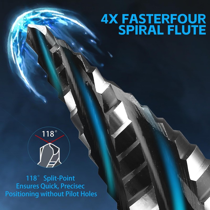 TVWVT Step Drill Bit Set, 5PCS Four Spiral Flute Step