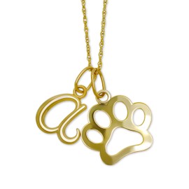Gold Initial Letter Charm with Dog Paw Charm - 10 Karat Gold - Paw Print Pendant - Initial Letter Pendant - Optional Gold Chain 14”-24”Inches (Letter k, 18 Inch Gold Chain)