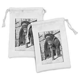 Lunarable Gothic Fabric Pouch Set of 2, Old Sketch of Antique Medieval European Arch in Paris Culture Heritage Vintage Art, Small Drawstring Bag for Toiletries Masks and Favors, 9" x 6", Black White