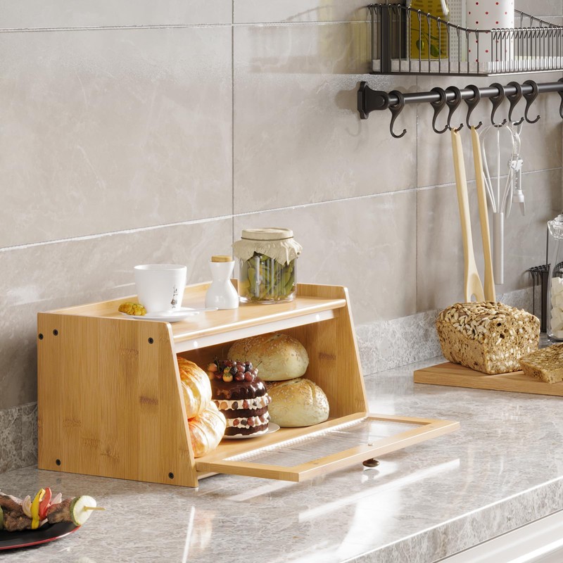 K KELBEL Bamboo Bread Box for Kitchen Counter，Bread Box with