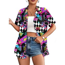QAUN 80s Outfits Women 90s Vintage Button Down Shirts Women 80s 90s Graphic Tshirt Party Tops