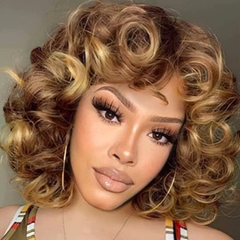 PORSMEER Afro Wig Brown Blonde Synthetic Kinky Loose Curly Natural Hair for Women Ombre Kinky Curly with Fringe Short Wigs for Black Women