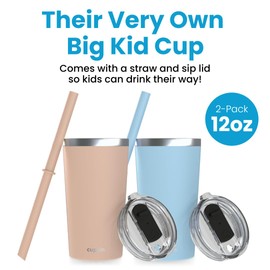 CUPKIN Toddler Tumblers, The Original 12 oz Stackable Stainless Steel Cups, Set of 2 Powder Coated Insulated Kids Water Bottle Alternative & BPA Free Lids + Reusable Silicone Straws (Peach + Teal)
