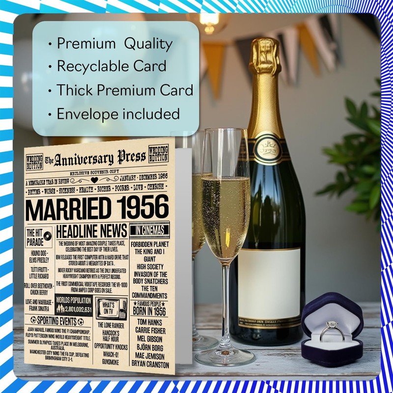 70th Anniversary Cards for Women and Men, Married 1956 Newspaper