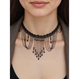 Faletony Gothic Lace Choker Necklace Women's Lace Necklace Black Beads Tassels Necklaces Crystal Pendant Necklace with Hollow Flower Jewellery for Women and Girls, Lace, No Gemstone