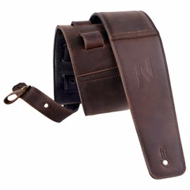 Nefelibata 3" Guitar Strap in First Layer Leather with Foam Padding and Cable Storage Loops for Bass, Electric and Acoustic Guitars (Gradient Brown)