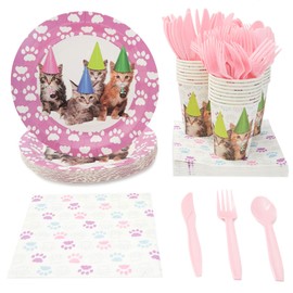 Kitten Party Supplies, Includes Plates, Napkins, Cups, and Cutlery (Serves 24, 144 Pieces)