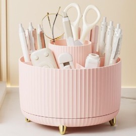 Vilike 360° Pencil Pen Holder for Desk, Rotating Desk Organiser, Spinning Pen Pot with 5 Slots, Stationery Organiser for Home, Office, School, Plastic Makeup Brush Holder(Pink)