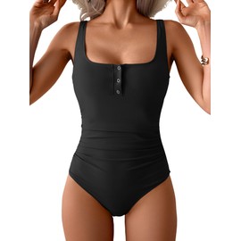 B2prity One Piece Swimsuit for Women Tummy Control Ruched Slimming Bathing Suit Button Full Coverage Swimwear Black