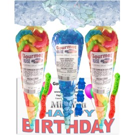 Miss You Happy Birthday Series Bright Sour Worms And Blue Raspberry Gummi Gummy Bears (NET WT 31 OZ) (Pack of 3) In 1 Box Gourmet Kruise Signature Gift Bags