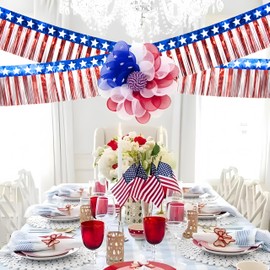 4th of July Decorations 8 Pack 80Ft Tinsel Foil Fringe Garland Streamers Hanging Red White Blue Fringe Backdrop Banner for Parade Floats Decor 4th of July America Patriotic Day Memorial Day