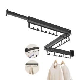 Drying Rack Clothing, Clothes Drying Rack suitable for laundry room and indoor as outdoor, with foldable features, wall mounted drying rack, retractable clothesline with 30 windproof hooks (Black)