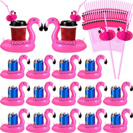 100 Pcs Flamingo Drink Floats Coaster, Inflatable Drink Holder, Drink Pool Floats Cup Holder with Flamingo Straws for Summer Hawaii Birthday Party Tableware Decoration
