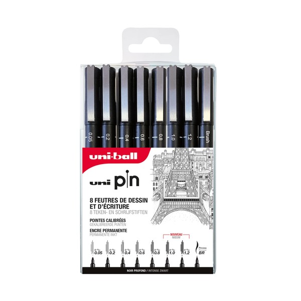 Mitsubishi Pencil - 8 Felt Tip Pens for Writing and Drawing - Extra Fine Tip Bag and Brush - for Writing, Drawing, and Ink - Black Ink