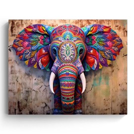 Colorful Elephant Canvas Wall Art Decor - Vibrant Bohemian Animal Painting with Intricate Patterns for Living Room, Office or Bedroom Canvas Wall Decoration 11X14 inch