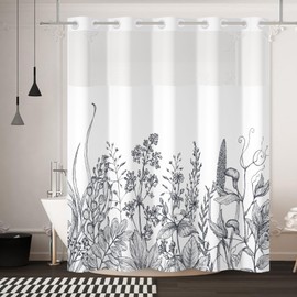 Yanutan No Hook Shower Curtain,Black and White Flower Double-Layered Shower Curtain with Snap-in Liner and Weights,Floral Minimalist Fabric Bath Curtain with See Through Mesh, 71x74in