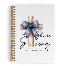 QLMX Coquette Blue Bow Christian Spiral Notebook, Proverbs 31:25 Woman Bible Journal Notebook, Religious Church Notes Notebooks for School Work, Christian Office Supplies Gifts for Women, 5.5x8.3 Inch