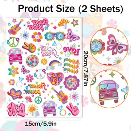 Qpout 86 Pieces Temporary Glitter Hippie Tattoos for Kids Waterproof Shiny Silver Styles Flower Power Love and Peace Sign 70s Groovy Tattoos for Kids and Adults