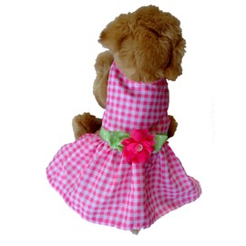 Small Size Pink Checkered Dog Dress with Pink Flower and Green Polka dot Bow with Flower