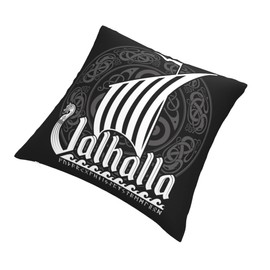 Pillow Covers Scandinavian Viking Dragon Ship Valhalla Inscription Decorative Pillow Covers 18x18 Inch Square Cushion Covers for Living Room Sofa Couch Bed 1 Piece