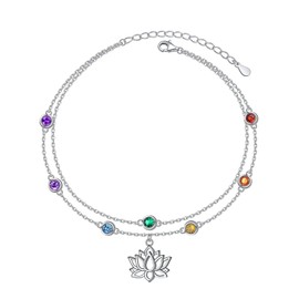 Flyow Lotus Chakra Anklet 925 Sterling Silver Multicolor Cubic Zirconia Ankle Bracelets for Women Adjustable Layered Foot Chain Jewelry Gift for Summer Day