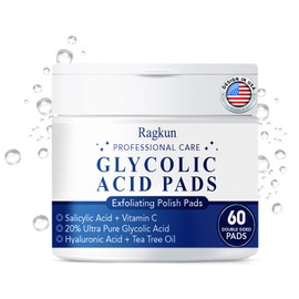 Ragkun Exfoliating Pads - Glycolic Acid 20% Pads for Facial Radiance with Salicylic Acid and Vitamins B5, C & E, Dual Action Gentle Face Pad with Deep Cleaning Effect 60 Count
