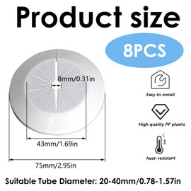 Ptenzor 8 Pcs Pipe Cover Decoration, 75mm PP Plastic Escutcheon for 43mm Dia Pipe, White – Durable and Easy to Install for Bathroom and Kitchen