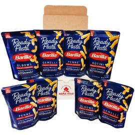 Barilla Fully Cooked Ready Pasta 8 Pouch Bulk Variety Pack - 2 Fully Cooked 7 oz Pouches of 4 Types - Gemelli, Penne, Rotini, Elbows - Perfect Alone or Side Dish - In Maple Hills Market Protective Box